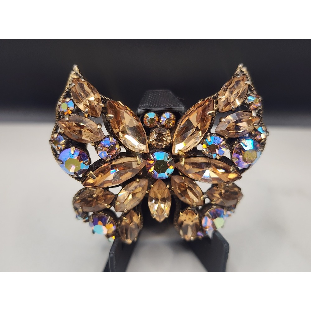 Vintage Regency Butterfly Brooch Smoky Topaz AB Rhinestone Gold Tone